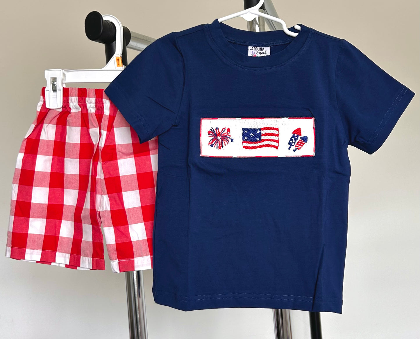 Red Windowpane and Navy Fireworks, Flag, Rocket Smocked Trio