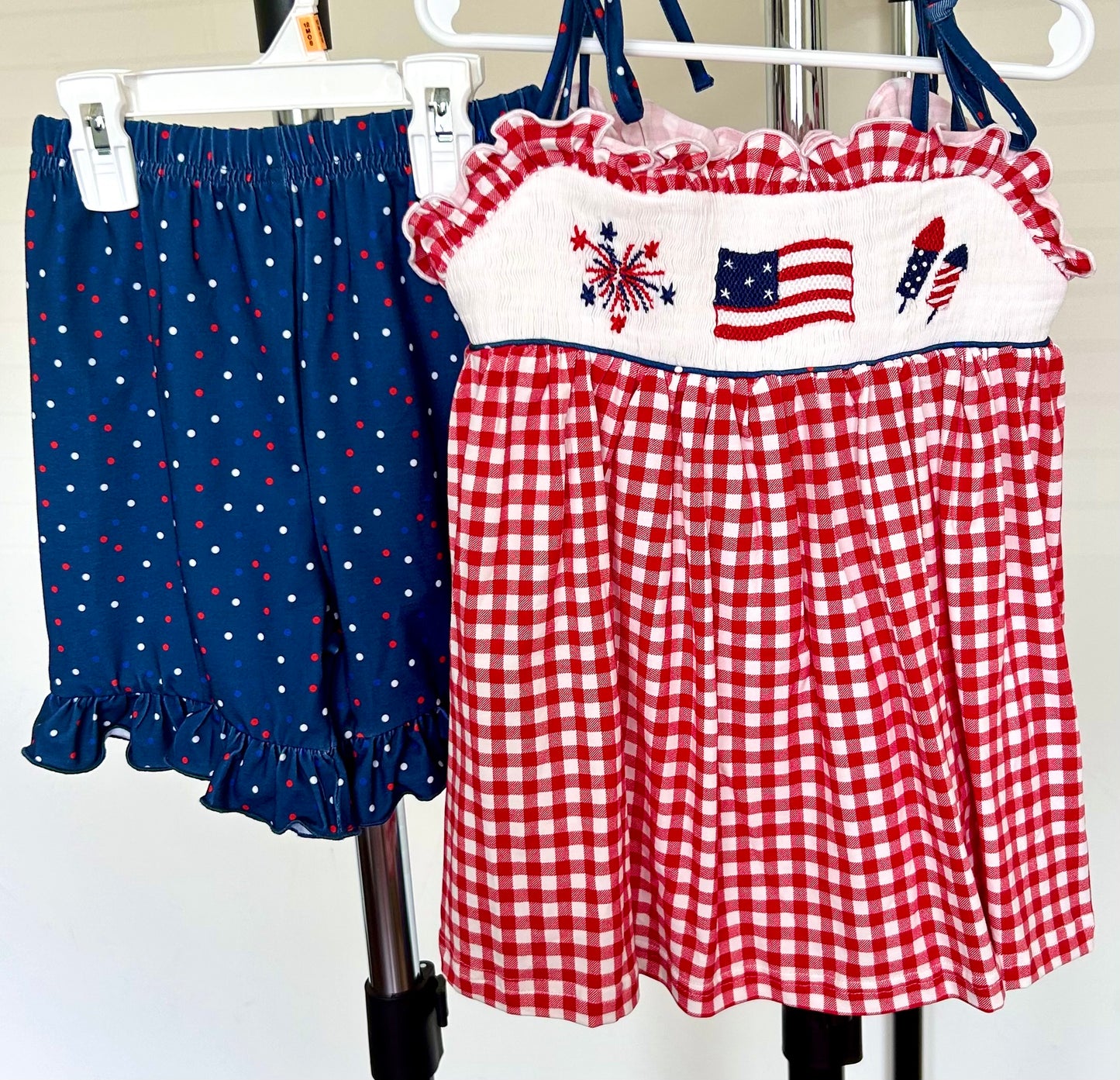 Red Gingham and Navy Fireworks, Flag, Rockets Smocked Trio
