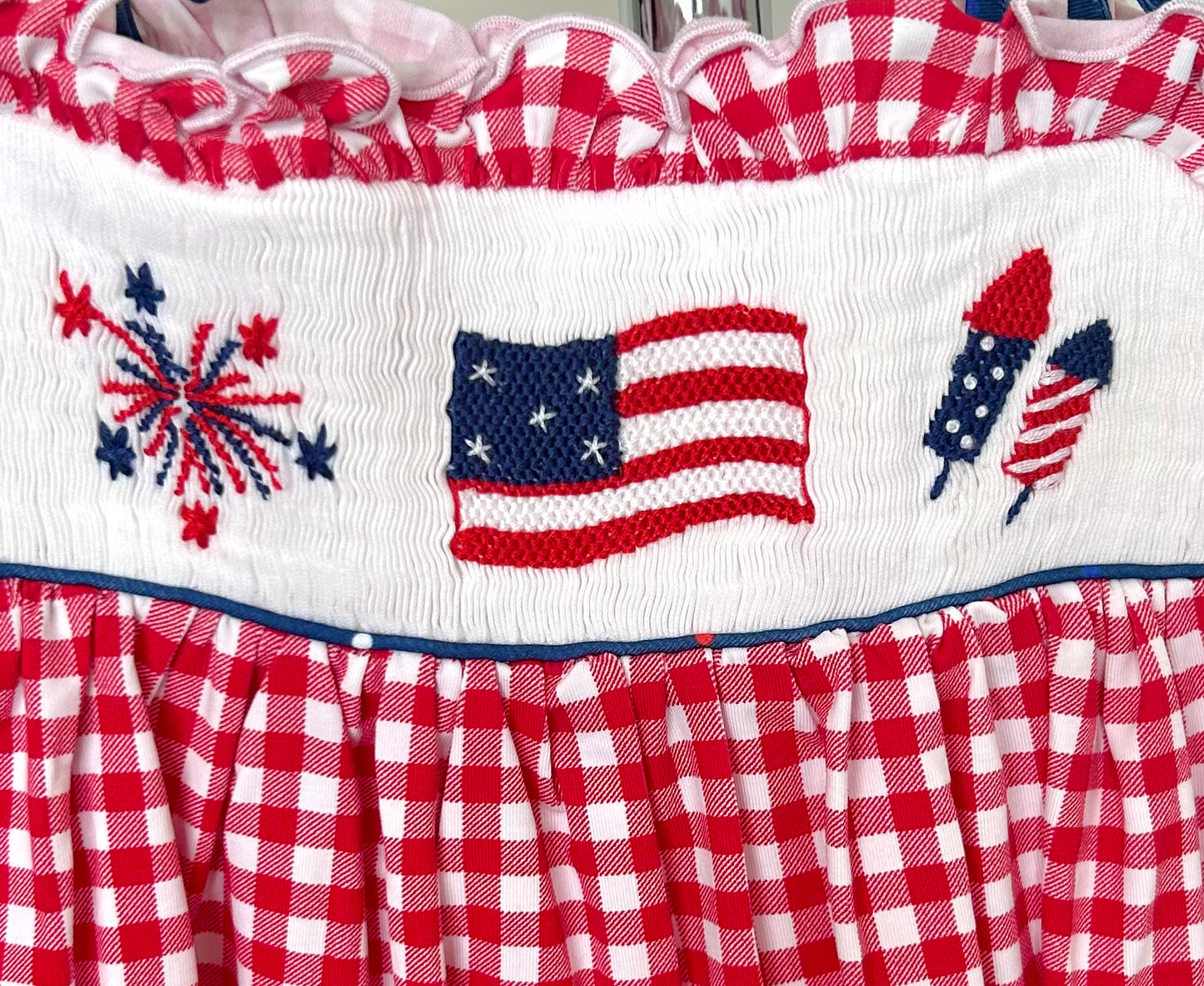 Red Gingham and Navy Fireworks, Flag, Rockets Smocked Trio