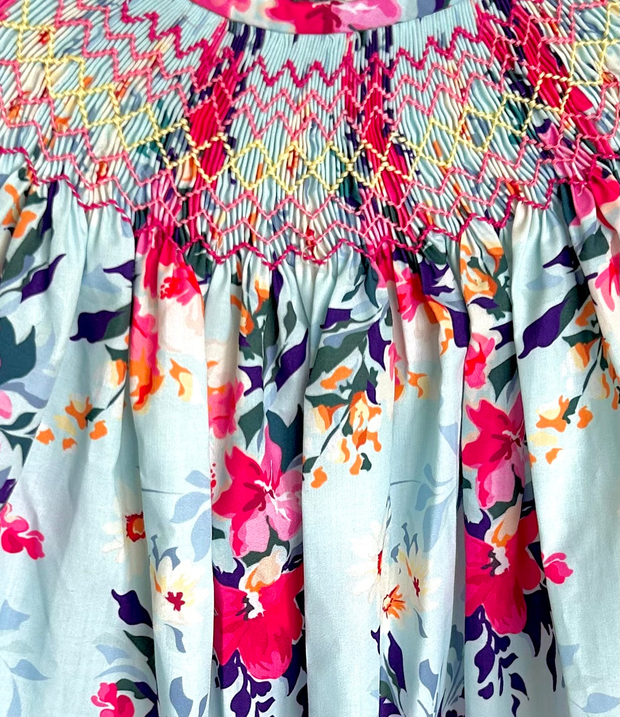 Light Blue and Pink Floral Smocked Trellis