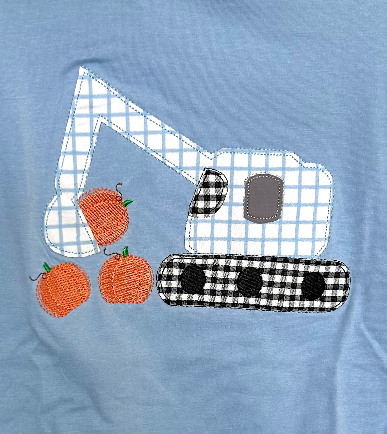 Light Blue and Gingham Excavator Diggin’ For Pumpkins