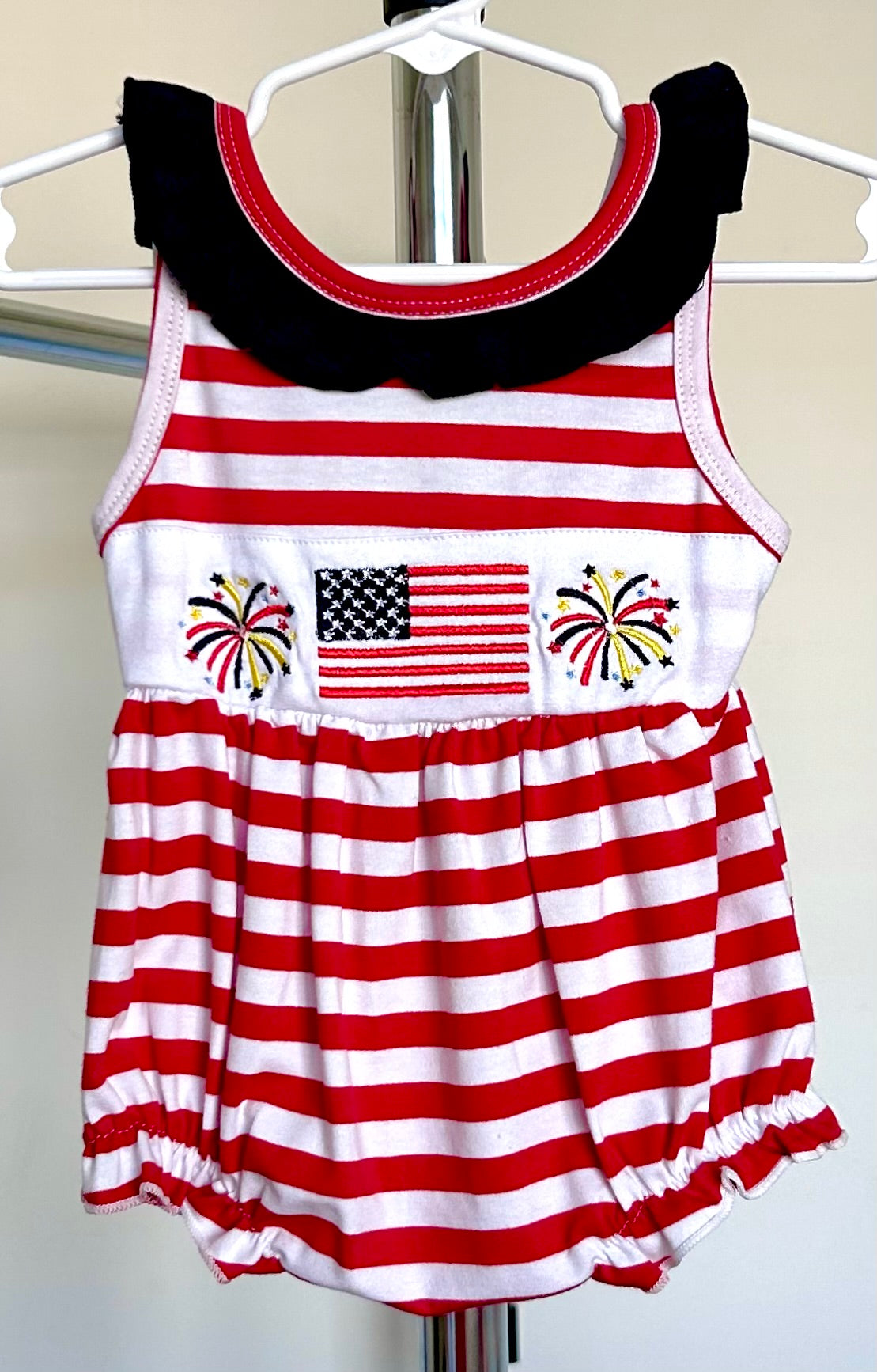 Red Stripes and Navy Neckline Fireworks and Flag Trio
