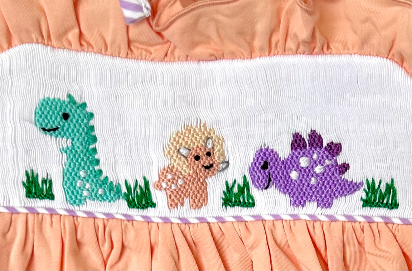Light Melon and Purple Stripes Smocked Dino Scene