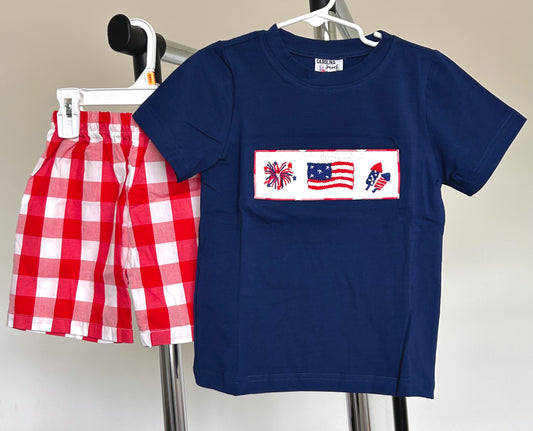 Red Windowpane and Navy Fireworks, Flag, Rocket Smocked Trio