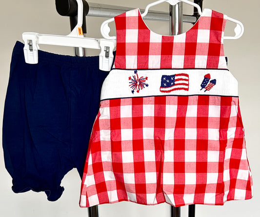 Red Windowpane and Navy Fireworks, Flag, Rockets Smocked Trio