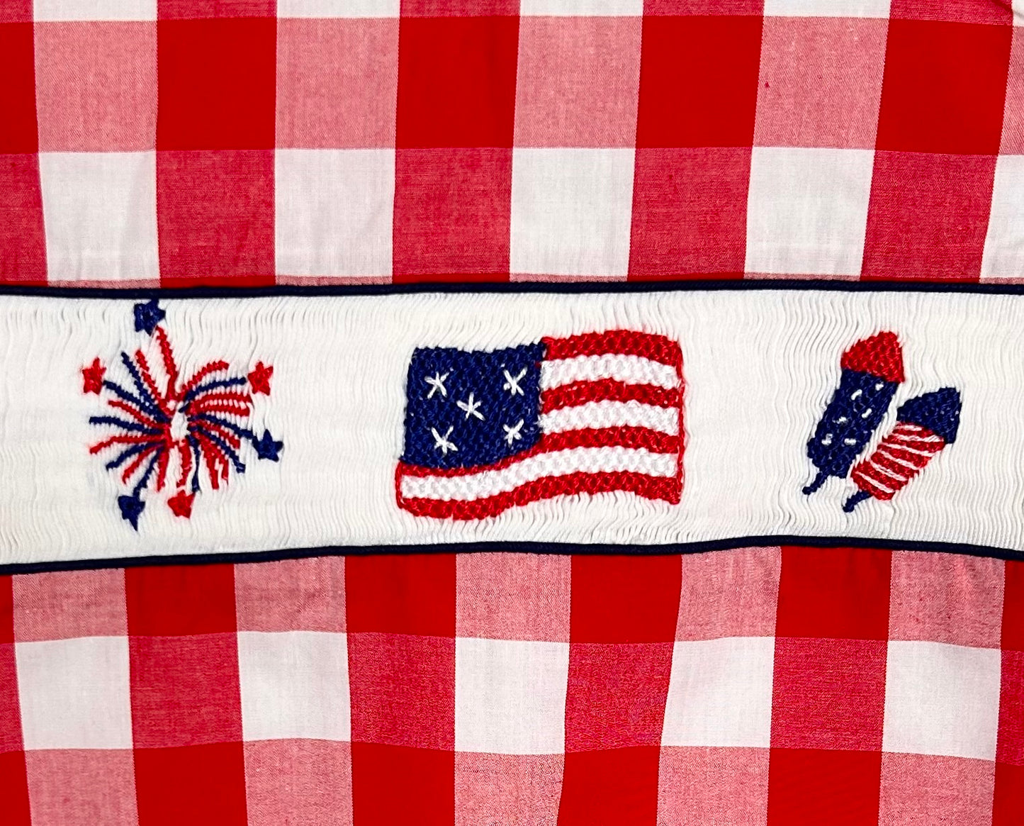 Red Windowpane and Navy Fireworks, Flag, Rockets Smocked Trio
