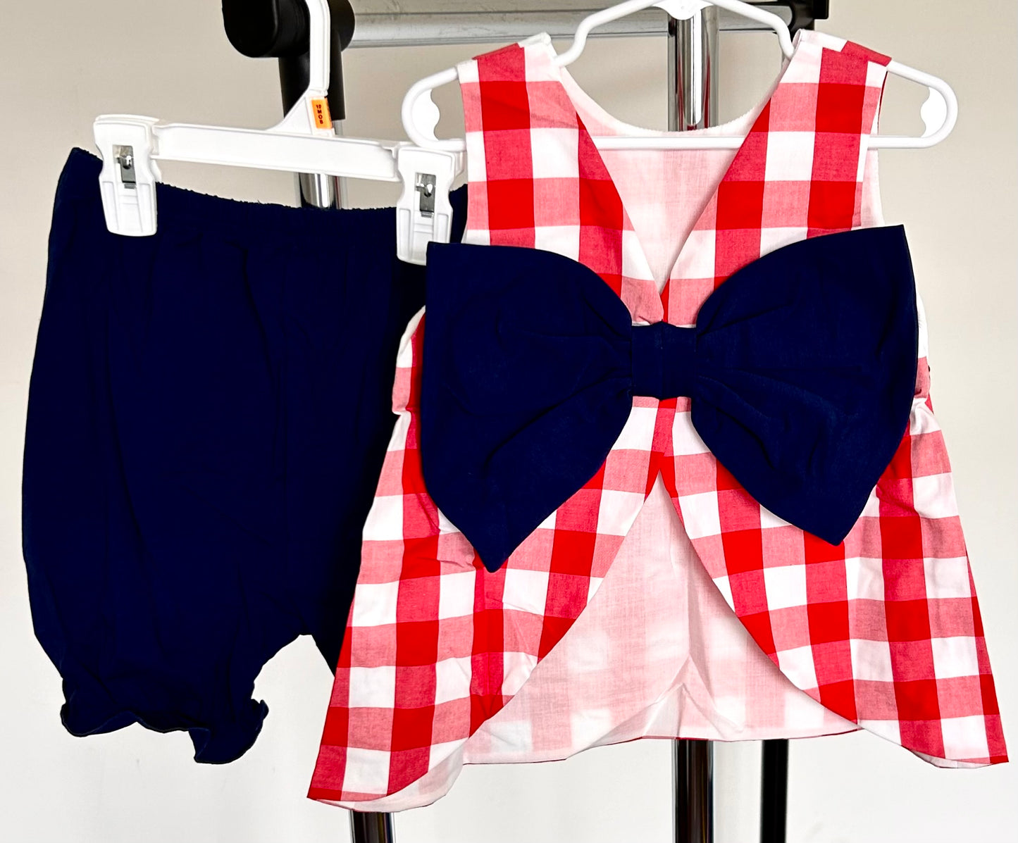 Red Windowpane and Navy Fireworks, Flag, Rockets Smocked Trio