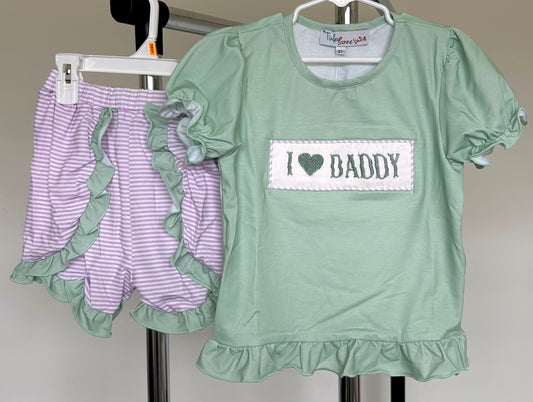 Dusty Green and Purple Striped Custom Smocked I Love (Heart) Daddy