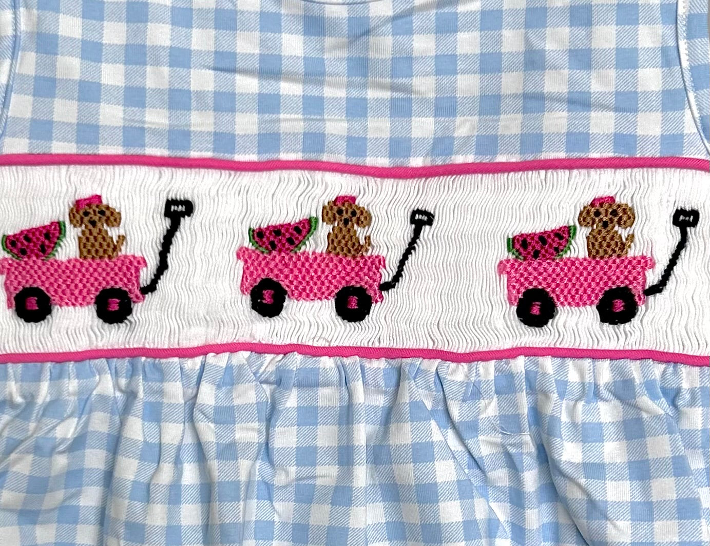 Watermelon, Wagon, Pup Smocked Gingham