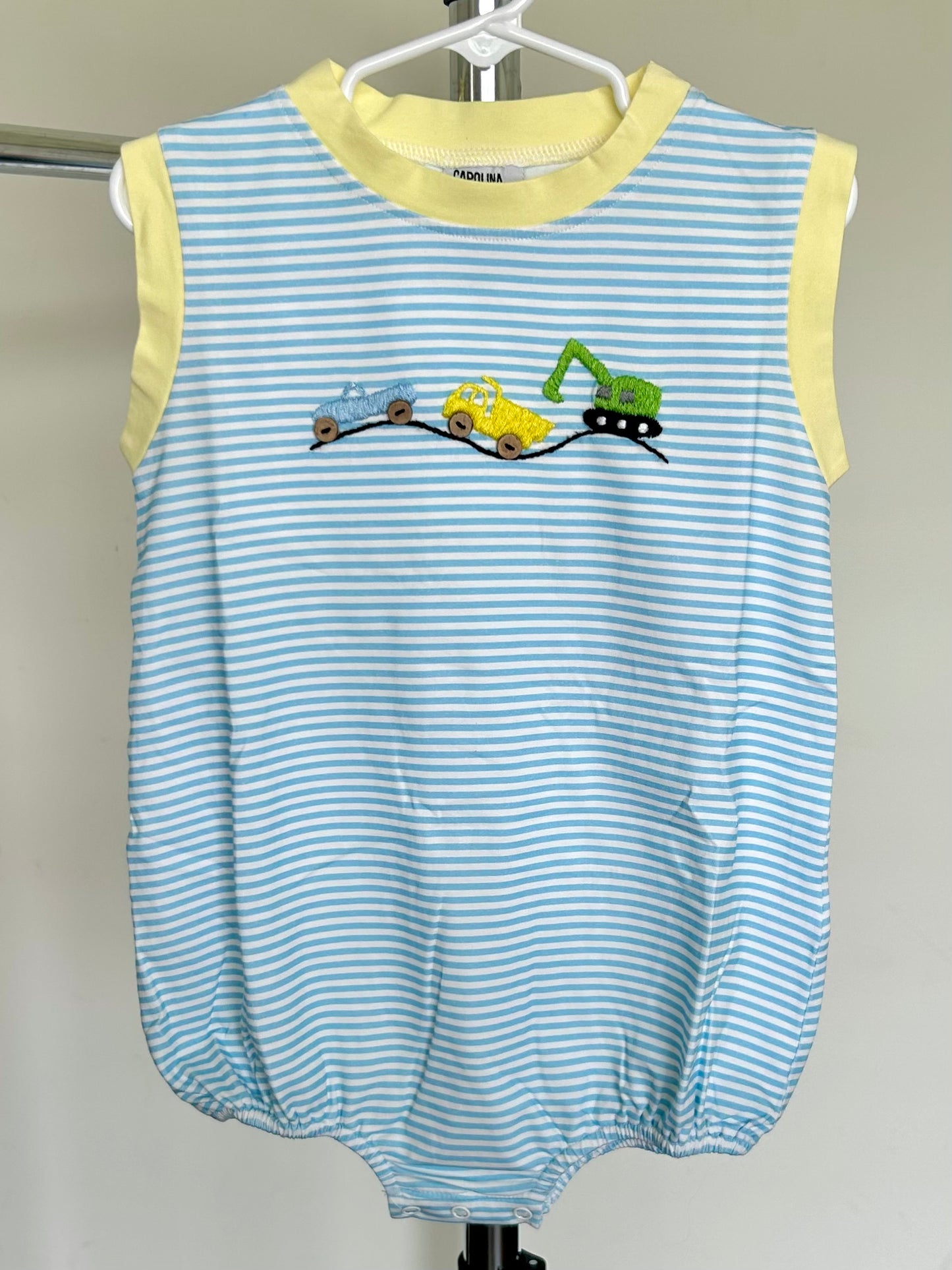 Blue Stripes and Hand Embroidered Construction Trucks