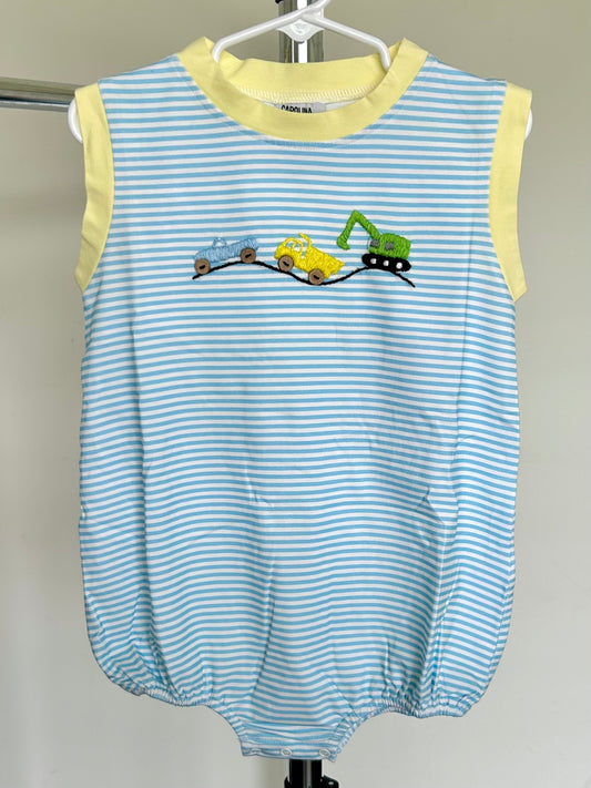 Blue Stripes and Hand Embroidered Construction Trucks