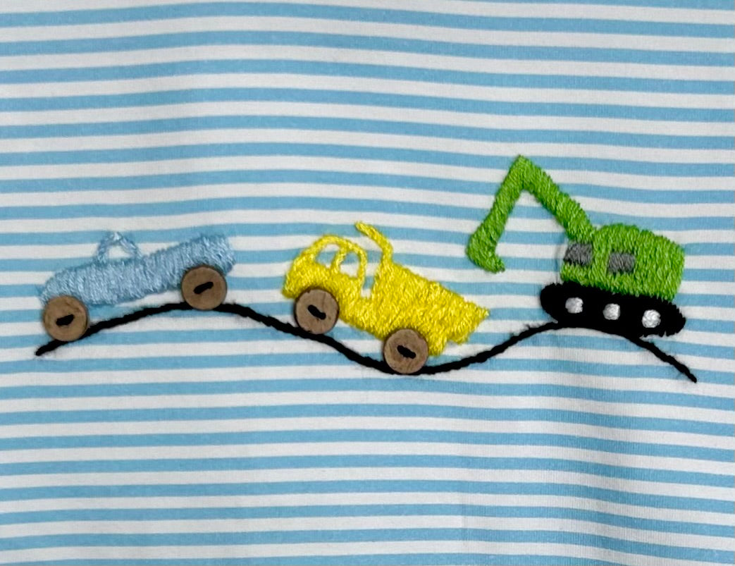 Blue Stripes and Hand Embroidered Construction Trucks