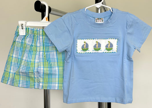 Light Blue and Plaid Smocked Sailboat Trio