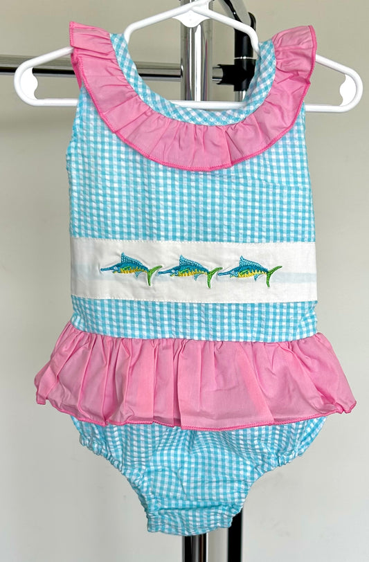 Aqua Micro Gingham Marlin Trio Swim
