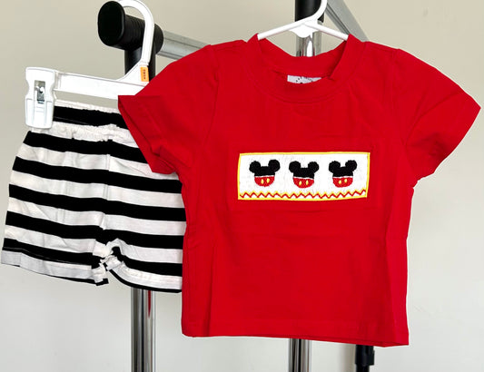 Red and Black Stripes Mouse Ears Trio Smocked