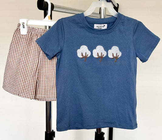 Stone Blue and Brown Micro Gingham Cotton Trio