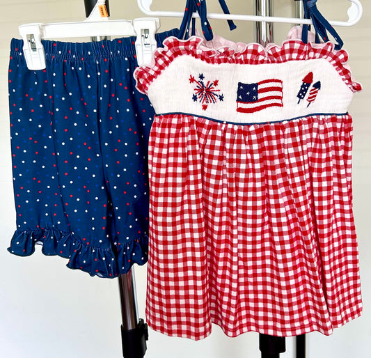 Red Gingham and Navy Fireworks, Flag, Rockets Smocked Trio