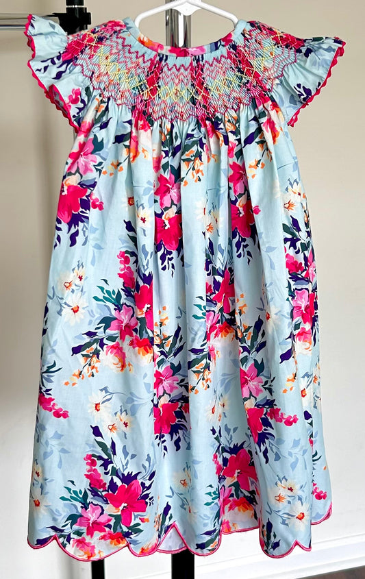 Light Blue and Pink Floral Smocked Trellis