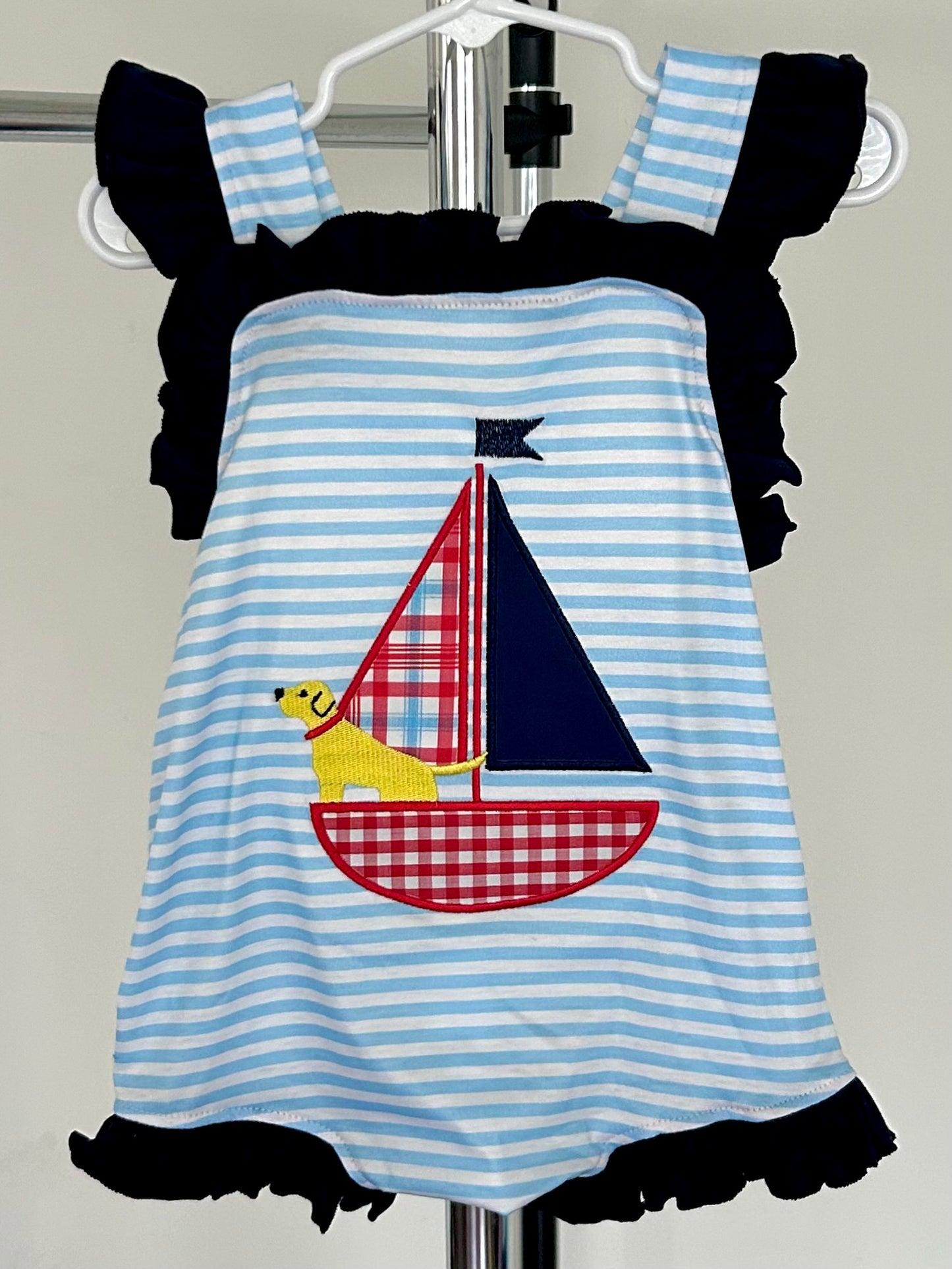 Light Blue Stripes and Navy with Yellow Dog and Sailboat