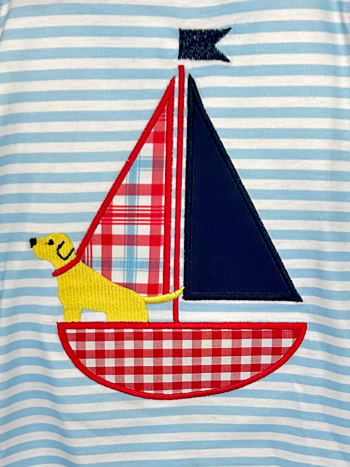 Light Blue Stripes and Navy with Yellow Dog and Sailboat