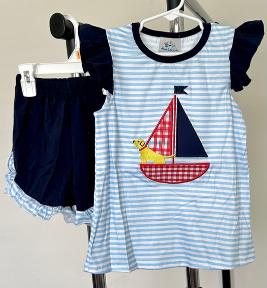 Light Blue Stripes and Navy with Yellow Dog and Sailboat