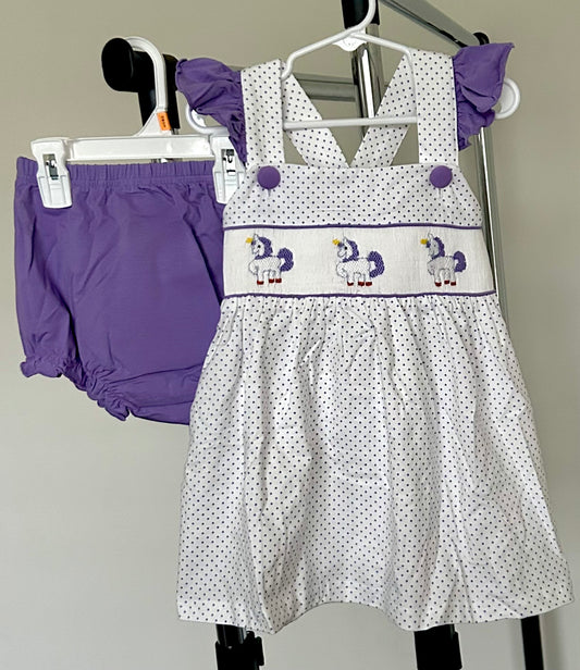 Purple and Bitty Dots Smocked Unicorn Trio