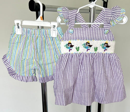 Purple and Pastel Striped Smocked Mermaid Trio