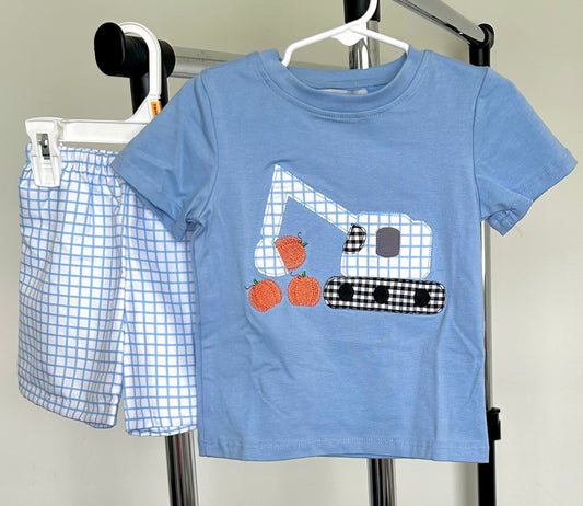 Light Blue and Gingham Excavator Diggin’ For Pumpkins