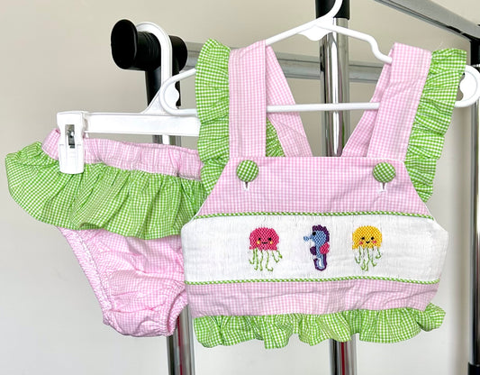 Pink and Green Micro Gingham Jellyfish and Seahorse Trio Swim