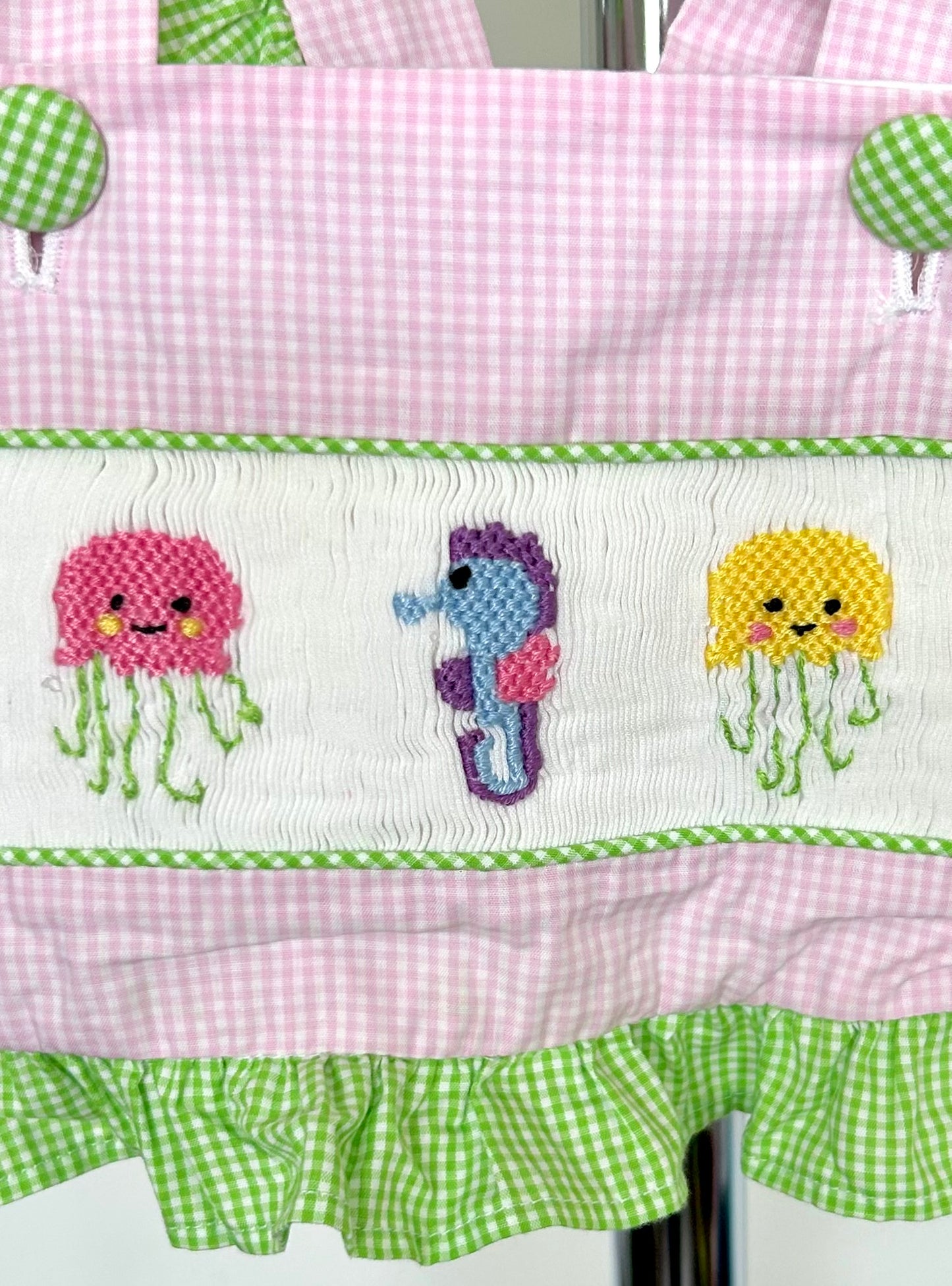 Pink and Green Micro Gingham Jellyfish and Seahorse Trio Swim