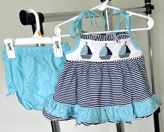 Light Teal and Deep Ocean Blue Smocked Sailboat Trio