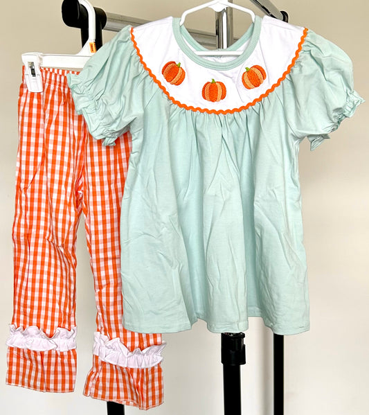 Light Sage and Orange Gingham Pumpkin Trio