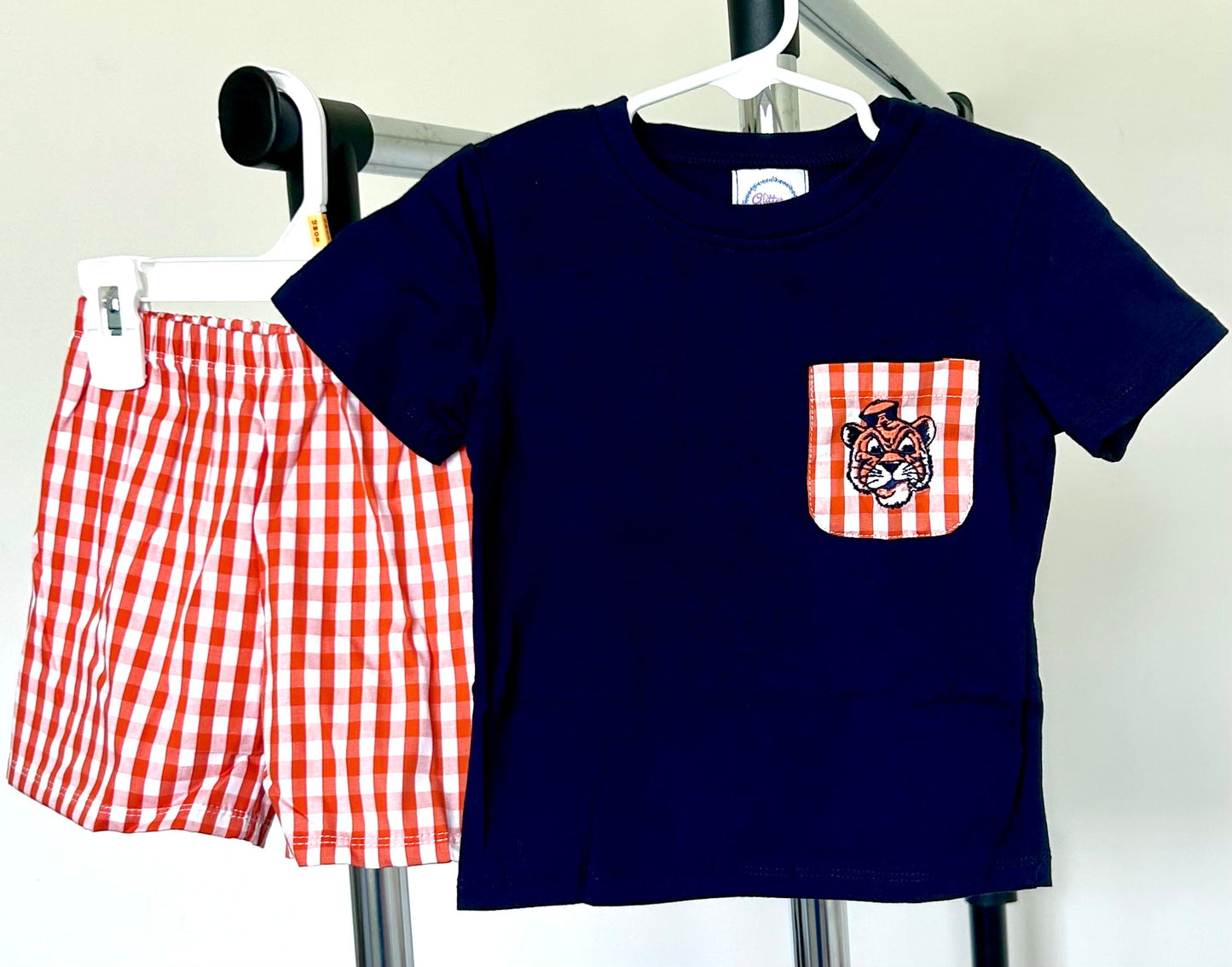 Navy and Orange Gingham with Tiger Pocket