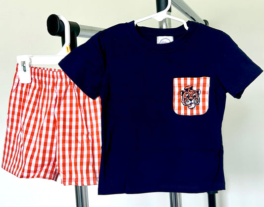 Navy and Orange Gingham with Tiger Pocket