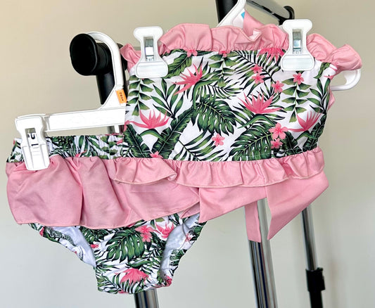 Pink Coral and Green Banana Leaves Swim