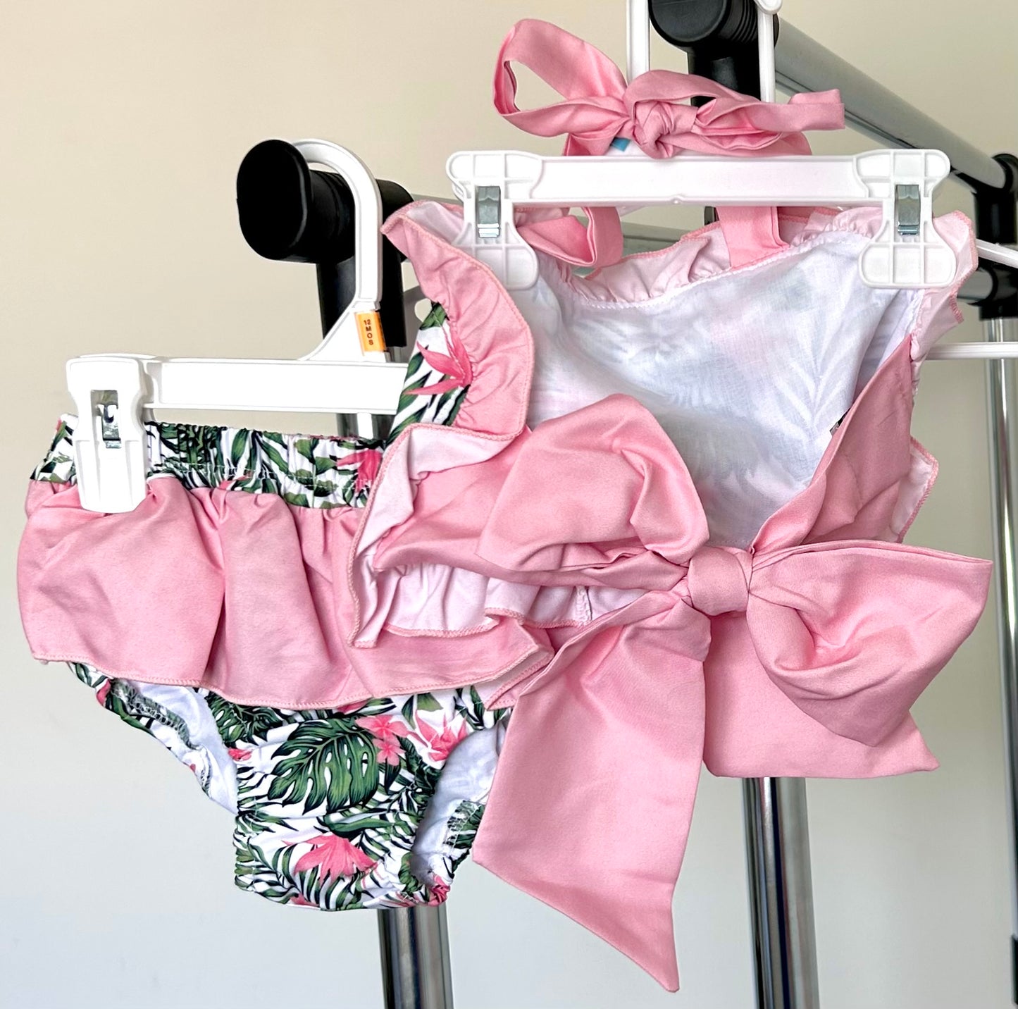 Pink Coral and Green Banana Leaves Swim