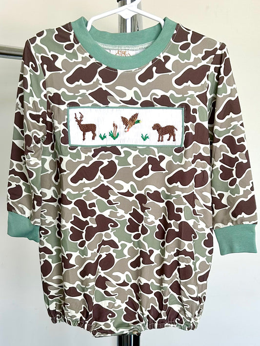 Brown and Green Camo with Smocked Deer, Duck, Dog