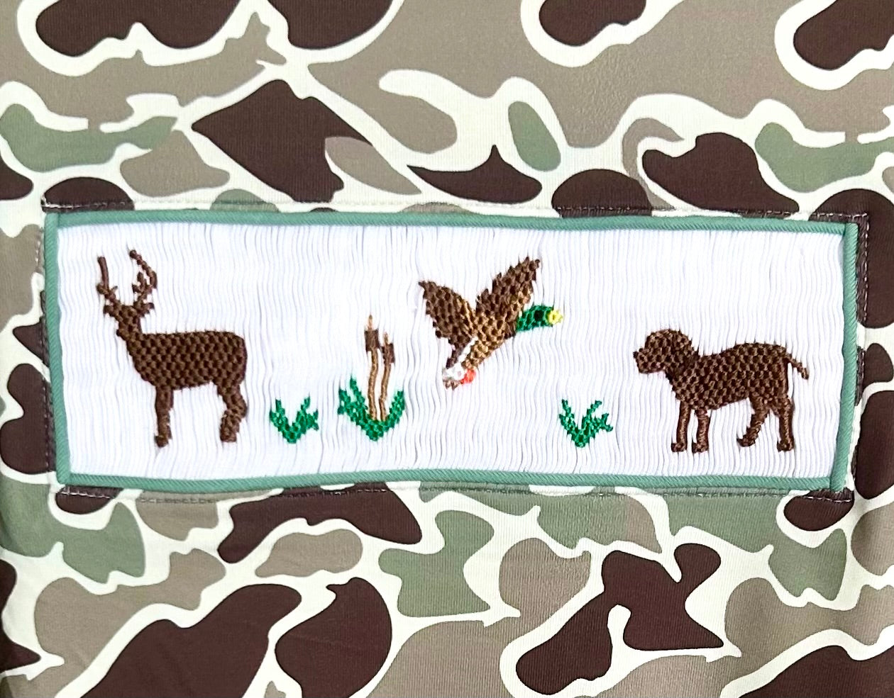 Brown and Green Camo with Smocked Deer, Duck, Dog