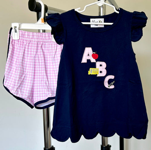 Navy and Light Pink Gingham ABC-Apple, Bus, Crayon