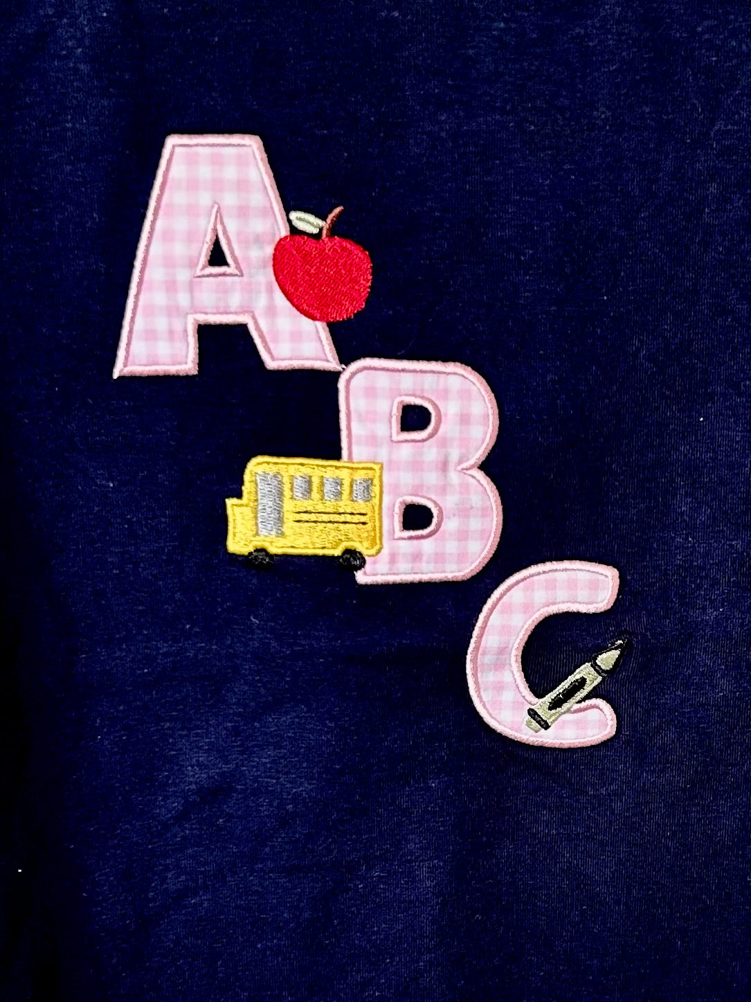 Navy and Light Pink Gingham ABC-Apple, Bus, Crayon