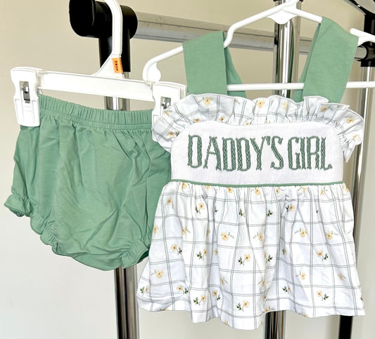 Sage and Yellow Floral Windowpane Smocked “Daddy’s Girl”