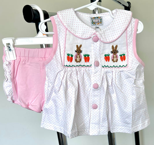 Light Pink and Bitty Dots Bunny and Carrots Smocked Chest