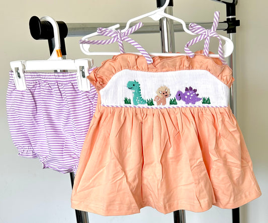Light Melon and Purple Stripes Smocked Dino Scene
