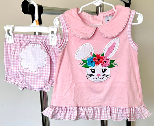 Pink and Gingham White Bunny with Floral Headband and Back Cottontail