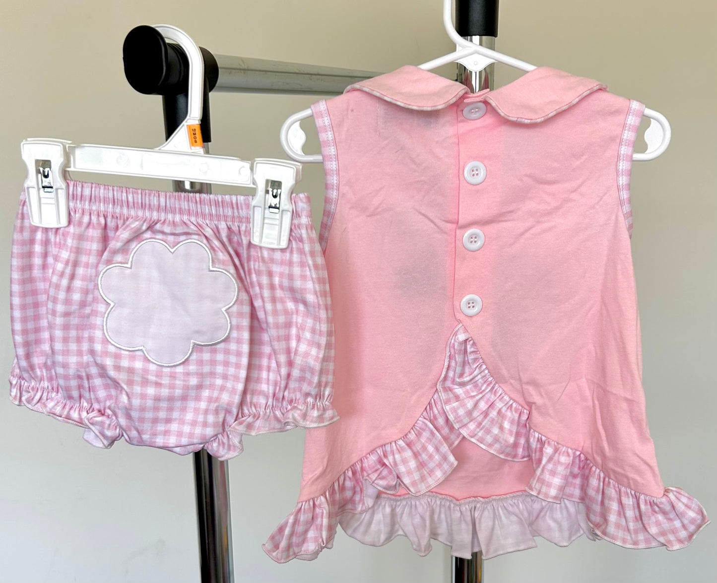 Pink and Gingham White Bunny with Floral Headband and Back Cottontail